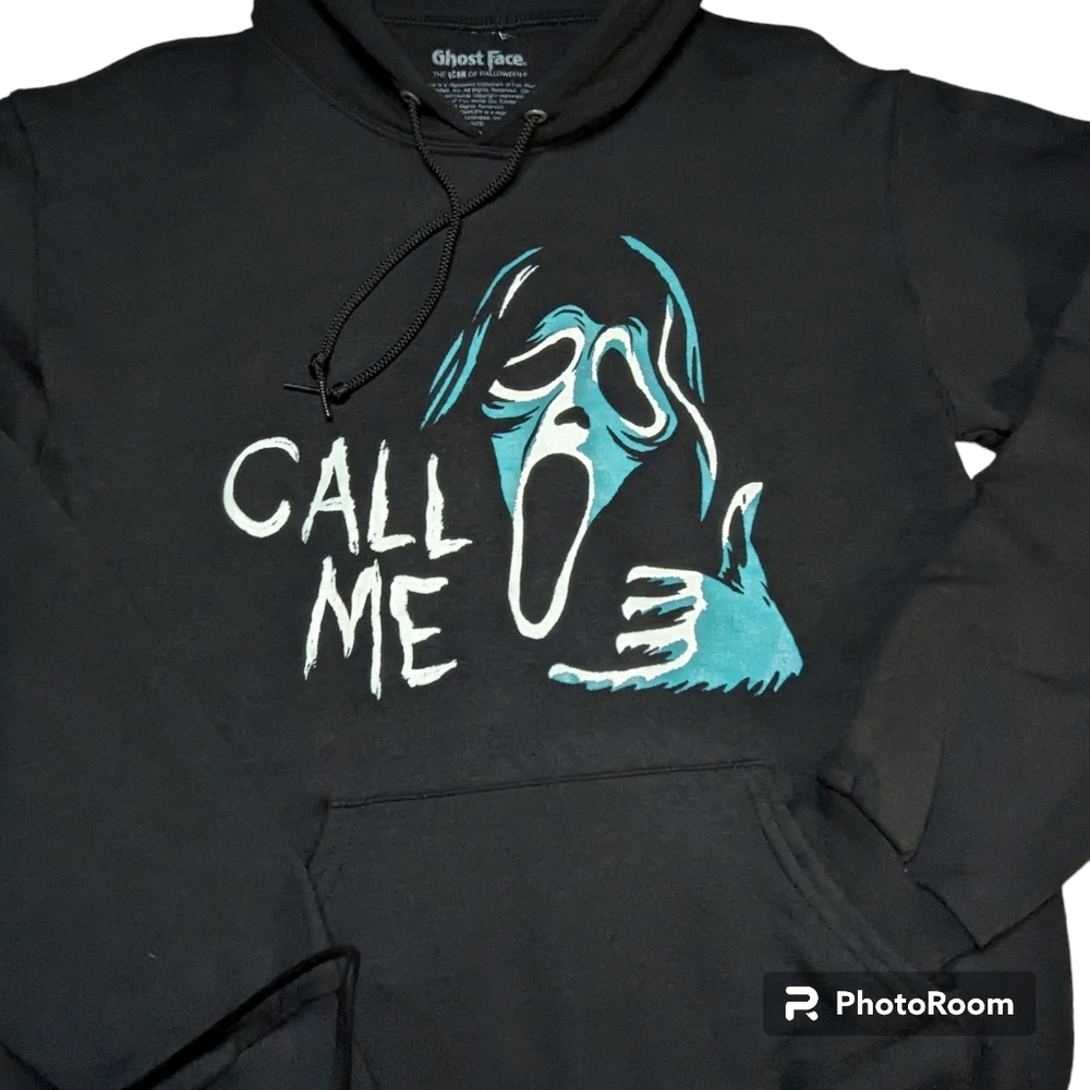 Hot Topic Ghost Face Sweatshirt Hoodie Sz Medium Black Front Pocket Long Sleeve - Picture 11 of 13